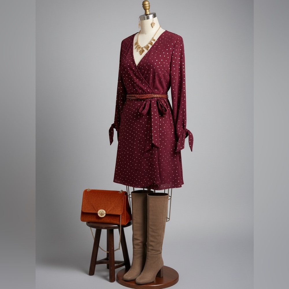 Laundry By Shelli Segal Burgundy Polka Dot Wrap Dress - Picture 2 of 4